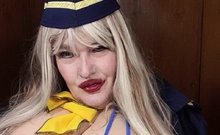 Sexy stewardess Susi pulling out tits