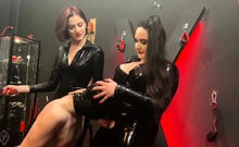 Femdom fetish mistresses fuck bdsm loser with strapon